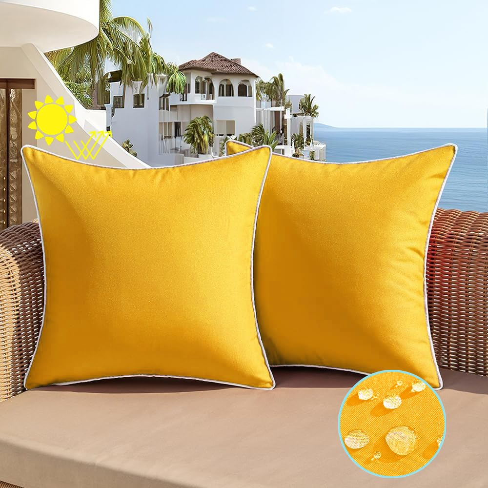 All Smiles Outdoor Waterproof Throw Pillow Covers 18X18 Set Of 2 Yellow Decorative Patio Tent Bed Sofa Living Room Furniture Sun